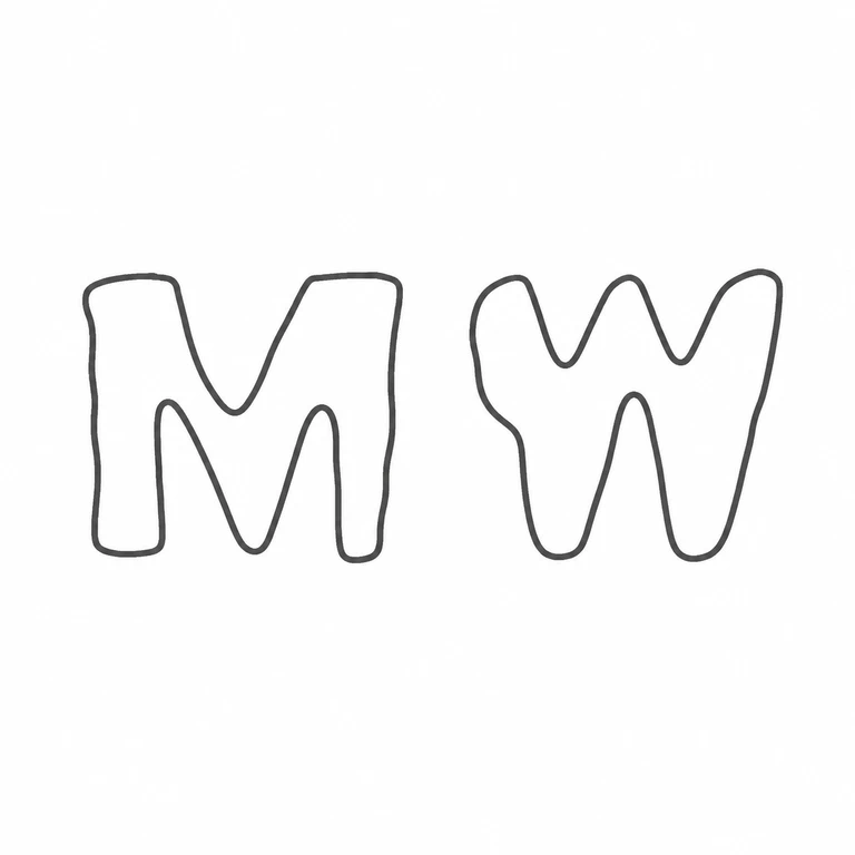 M W: Unbordered M W pair retains source order and upright reading; line reconstruction.
