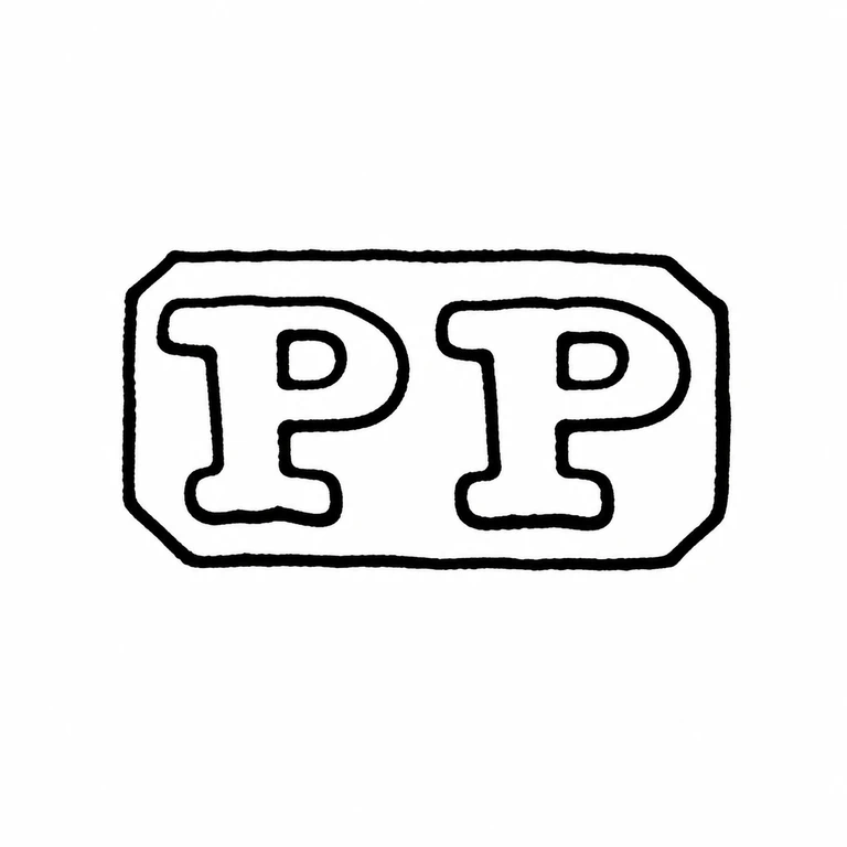 P P: Clipped-corner cartouche and two matching initials preserve their arrangement and outline treatment. line reconstruction.