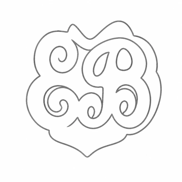 Edward Brown: The compact, lobed emblem is retained upright, including its outer scalloped silhouette, paired upper curls, central interlace, and lower curled terminals. line reconstruction.