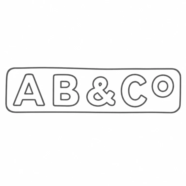 A Brown & Co: The wide punch preserves the complete left-to-right sequence of two initial characters, central ampersand, and final paired characters. The ampersand and the final small rounded character remain distinct, and the single rounded rectangular border is retained. line reconstruction.