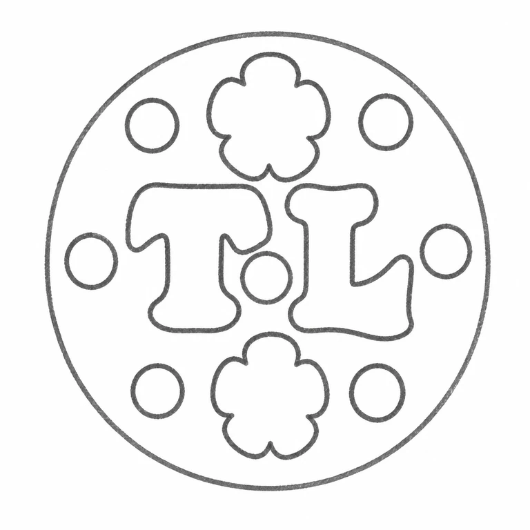 Timothy Ley: Circular boundary, central paired initials, four-lobed ornaments, and small surrounding roundels retain the photographed arrangement. line reconstruction.