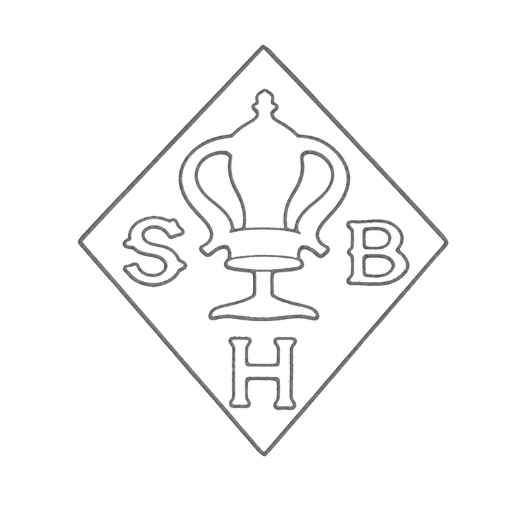 Sydney Bellamy Harman (subsequently Lambert & Harman): The upright diamond, central crowned vessel motif, S at left, B at right, and H below are all retained in their visible spatial arrangement; line reconstruction.