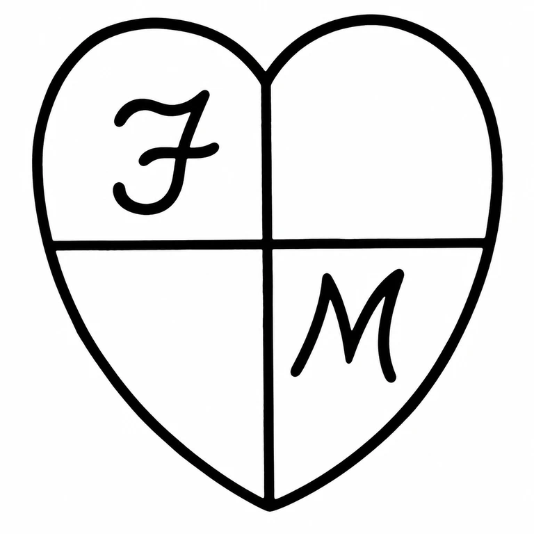 Fred Manshaw Ltd: The heart-shaped outline, vertical and horizontal divisions, upper-left scripted glyph, and lower-right scripted glyph retain their source positions; blank quadrants remain blank. line reconstruction.