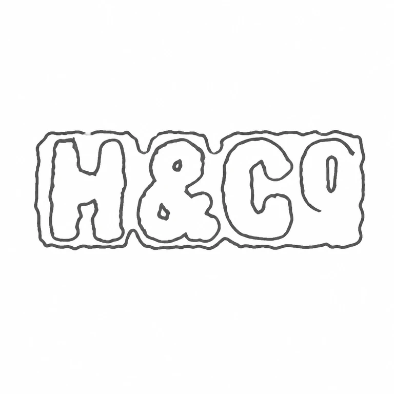 Hazelwood & Co: The four visible letter/symbol forms are retained in a single horizontal cartouche, preserving their order and the source-supported irregular outer edge. line reconstruction.