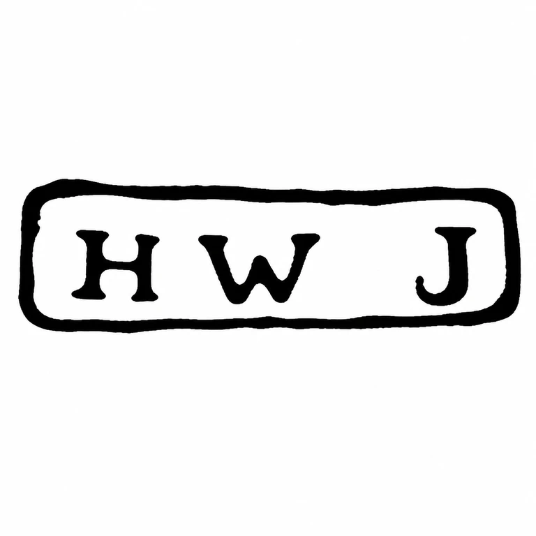H W J: Wide clipped rectangular mark preserves the three visibly spaced initials in left-to-right order. line reconstruction.