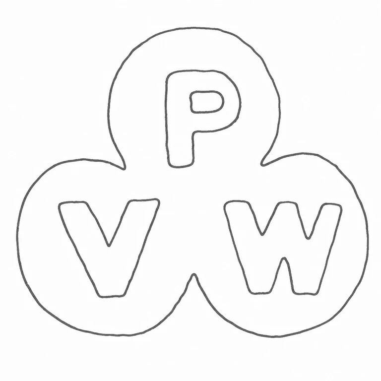 P V W: Top P and lower V-W circles preserve the source's triangular arrangement; line reconstruction.
