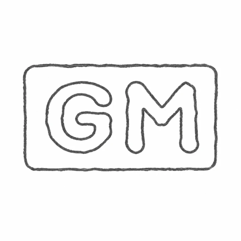 G M: The G then M capitals enclosing rounded rectangular border are retained; line reconstruction.