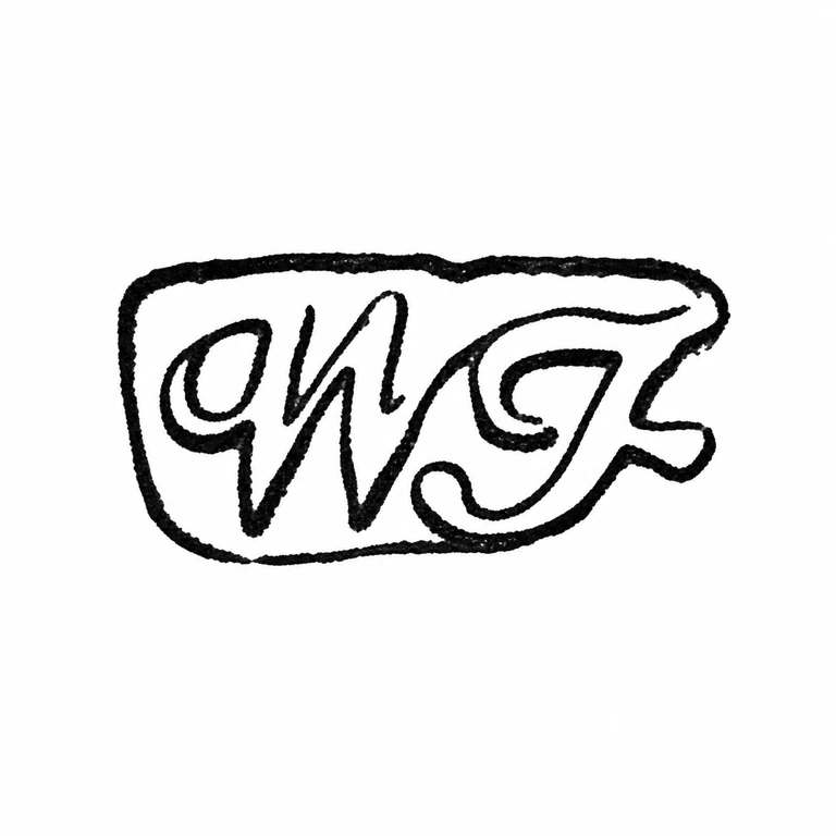 William Fountain: The cursive paired initials and enclosing low oval/rectangular border retain their observed order and direction. line reconstruction.