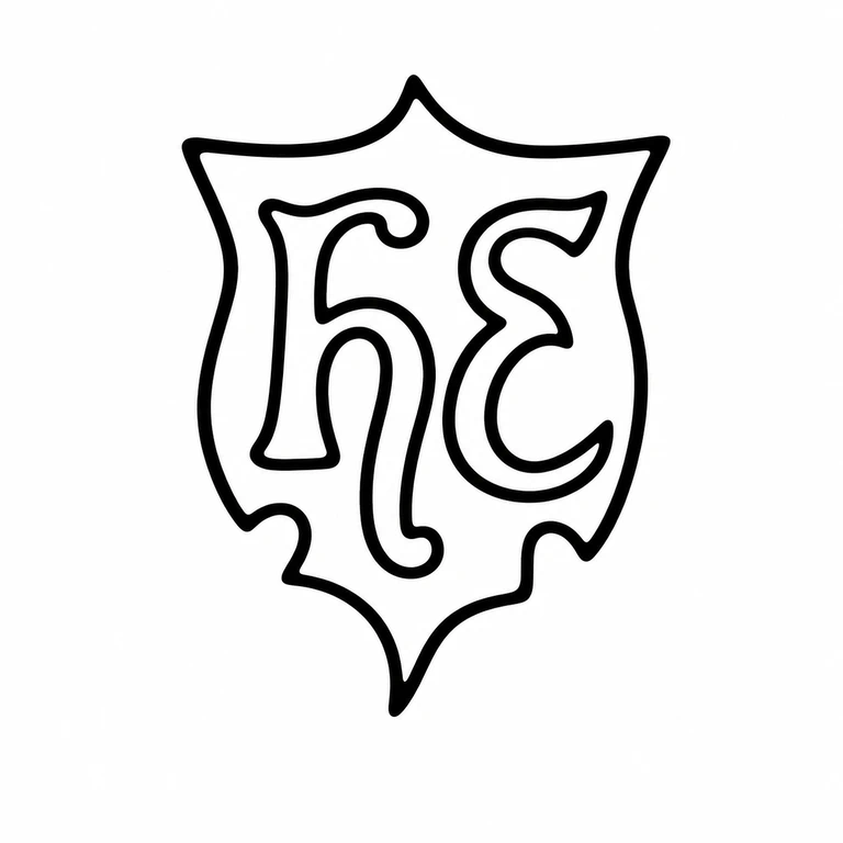 Emanuel Brothers (Harry Emanuel): The vertically oriented shield-like cartouche, paired ornate initials, and top and bottom star motifs are retained in the same arrangement. line reconstruction.