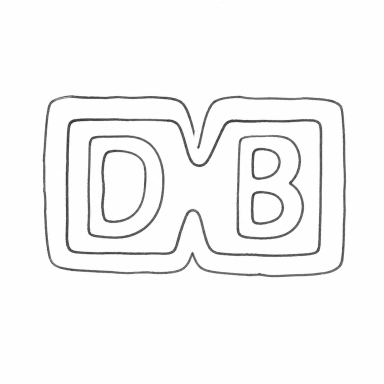 D B: Linked twin-square punch, D then B lettering, and central top/bottom notches are retained; line reconstruction.