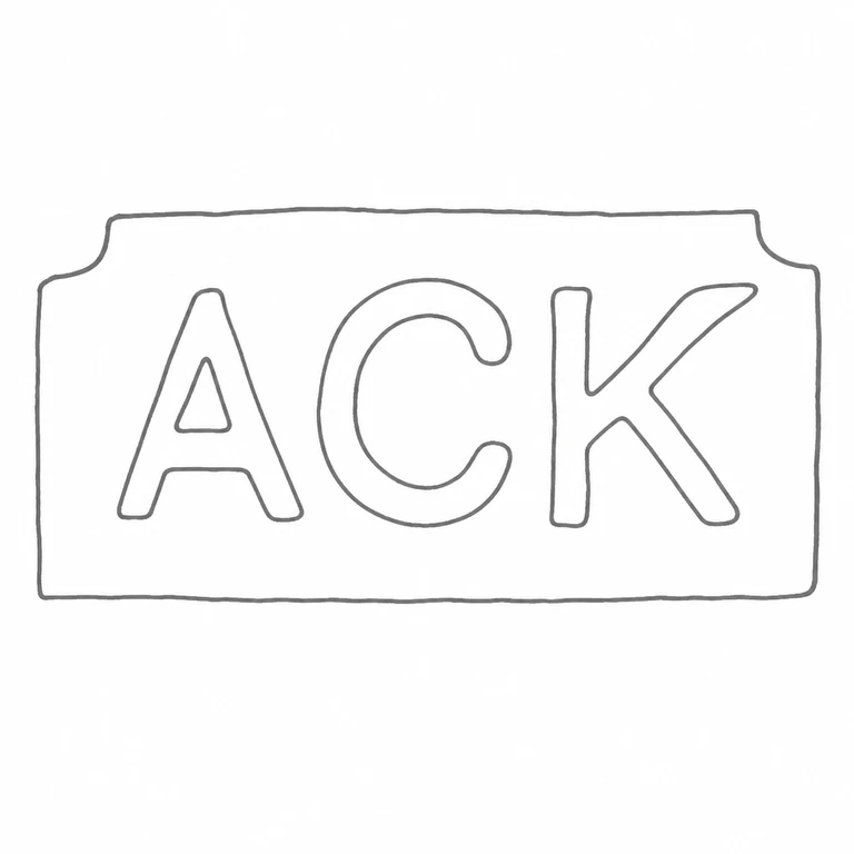 A C K: ACK is kept upright and left-to-right within its shouldered rectangular cartouche; line reconstruction.
