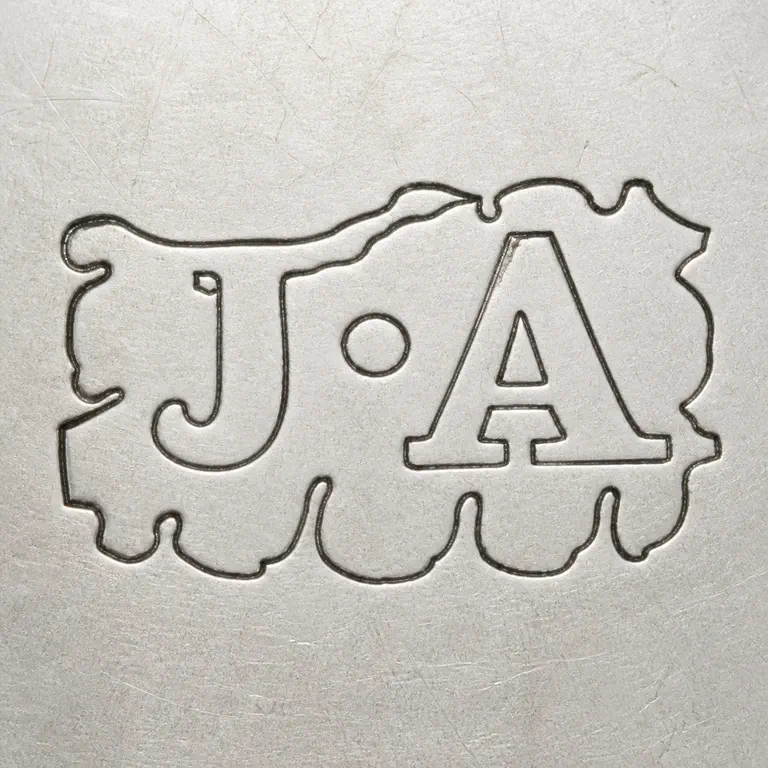 James Arthur: J-like and A-like forms plus ornate surrounding contour retained; oxidized reconstruction.