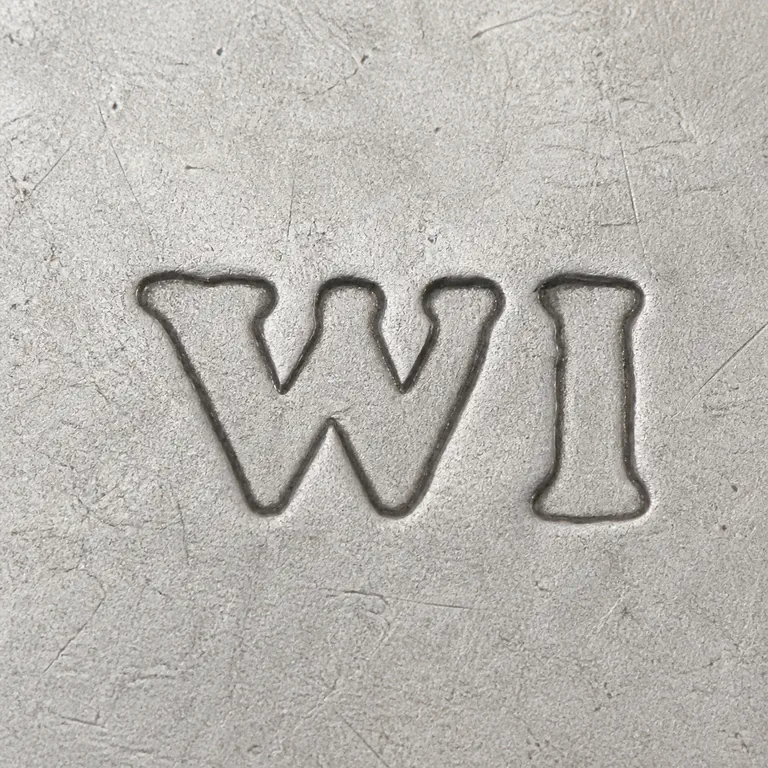 William Justis: Two adjacent source-supported forms read conservatively as W and I, with original plain-field spacing retained; oxidized reconstruction.