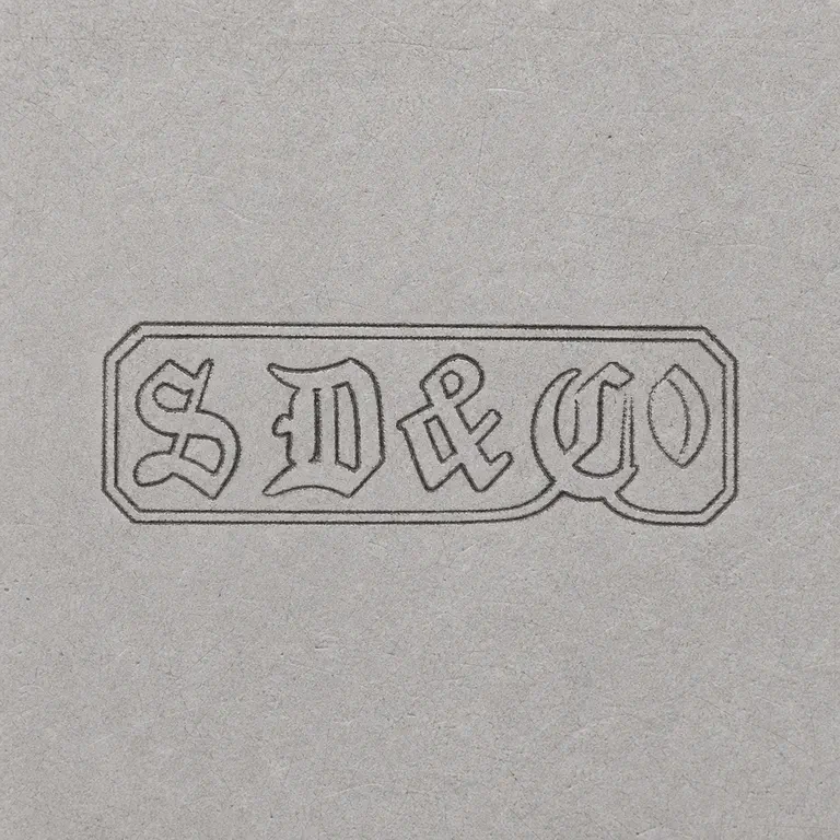 Stewart Dawson & Co: The clipped-corner double cartouche, S/D-like forms, ampersand, and paired final rounded forms in order; oxidized reconstruction.