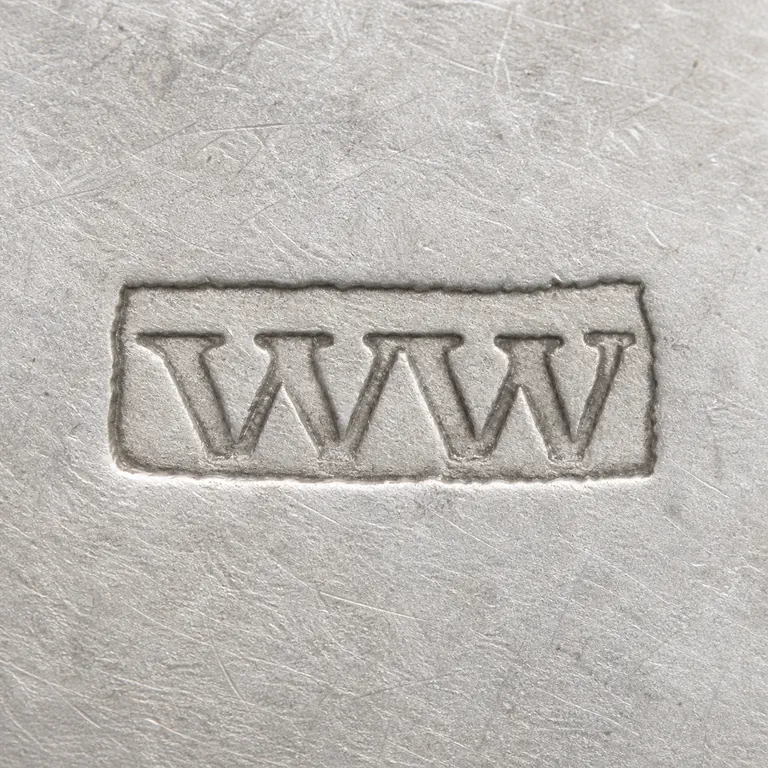 William Whetcroft: Exact uppercase WW inside exactly one worn horizontal rectangular cartouche; oxidized reconstruction.