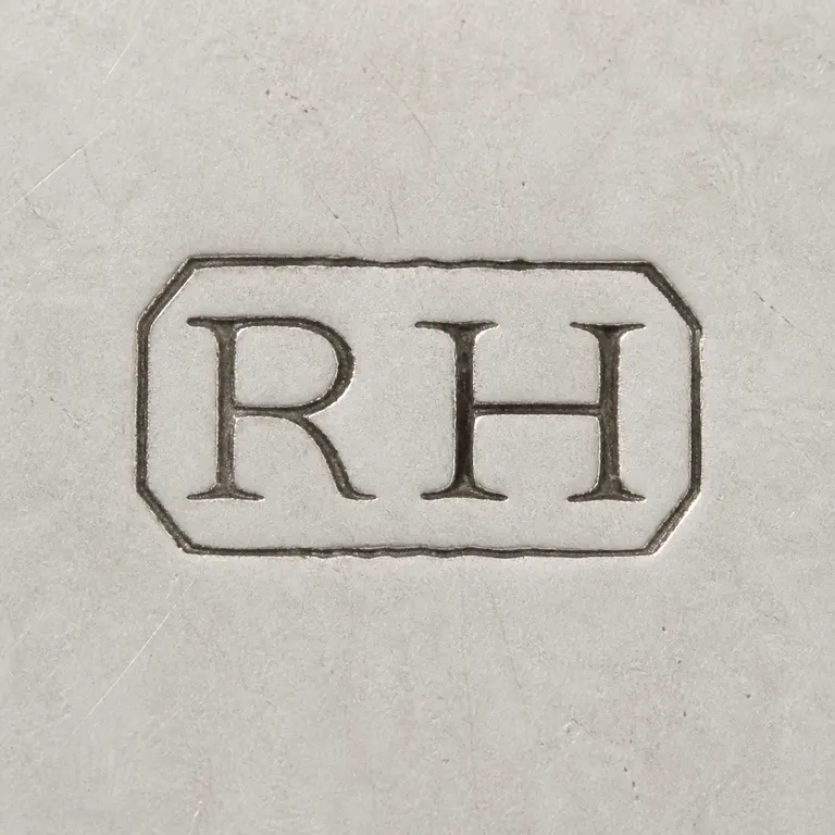 Richard Hilliard: Clean square redraw preserves the source RH lettering angular rectangular border; oxidized reconstruction.