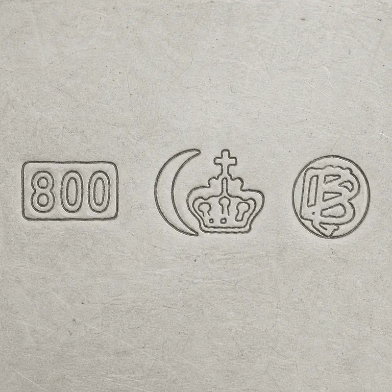 Robert Altermann: The bordered 800, central crescent-and-crown mark with unresolved interior strokes, and circled B-like monogram; oxidized reconstruction.