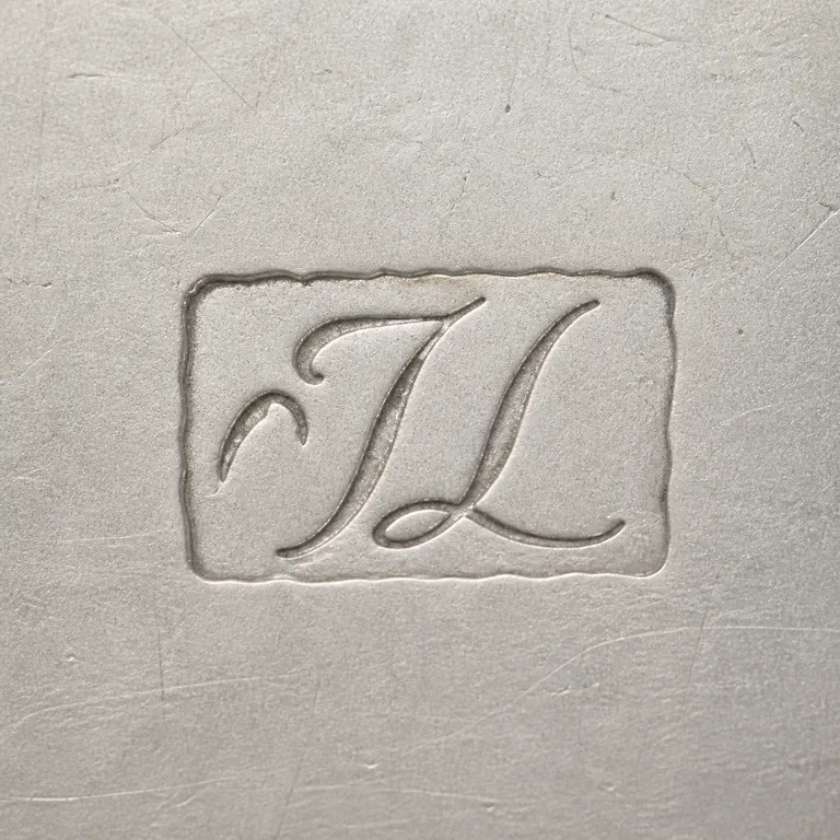 John Lampfert: Stylized J-like and L-like light forms left to right worn dark horizontal field, including the source's script-like flourish; oxidized reconstruction.