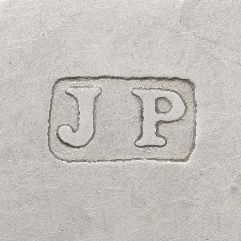 James Payne: Corrective render preserves separate J and P light forms inside one worn dark rectangular cartouche and removes the unsupported center do…; oxidized reconstruction.