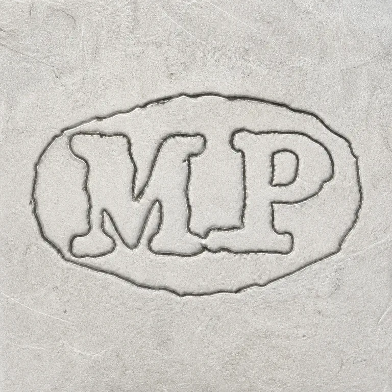 M P: Clean redraw preserves the MP lettering and broad oval border from the source; oxidized reconstruction.