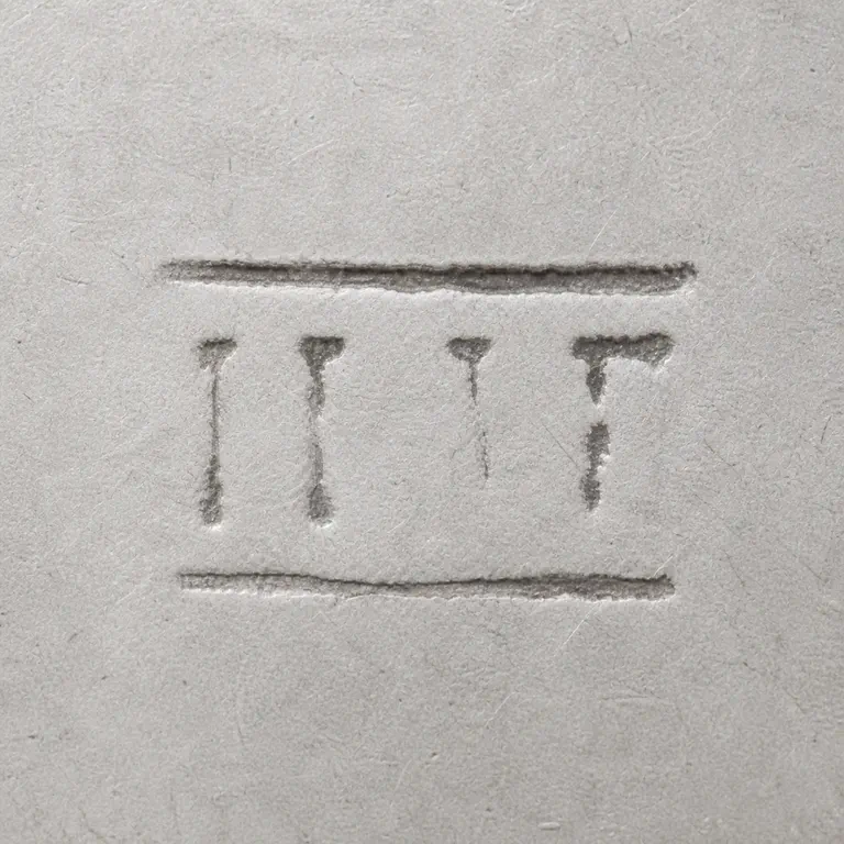 Thomas Freeth: Intentionally incomplete contour preserves the faint horizontal boundary and supported T/F-like vertical strokes without asserting a make…; oxidized reconstruction.