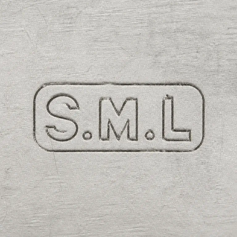 Samuel M Levi: Rounded rectangular punch, S-M-L sequence, dots, upright orientation, and useful crop; oxidized reconstruction.