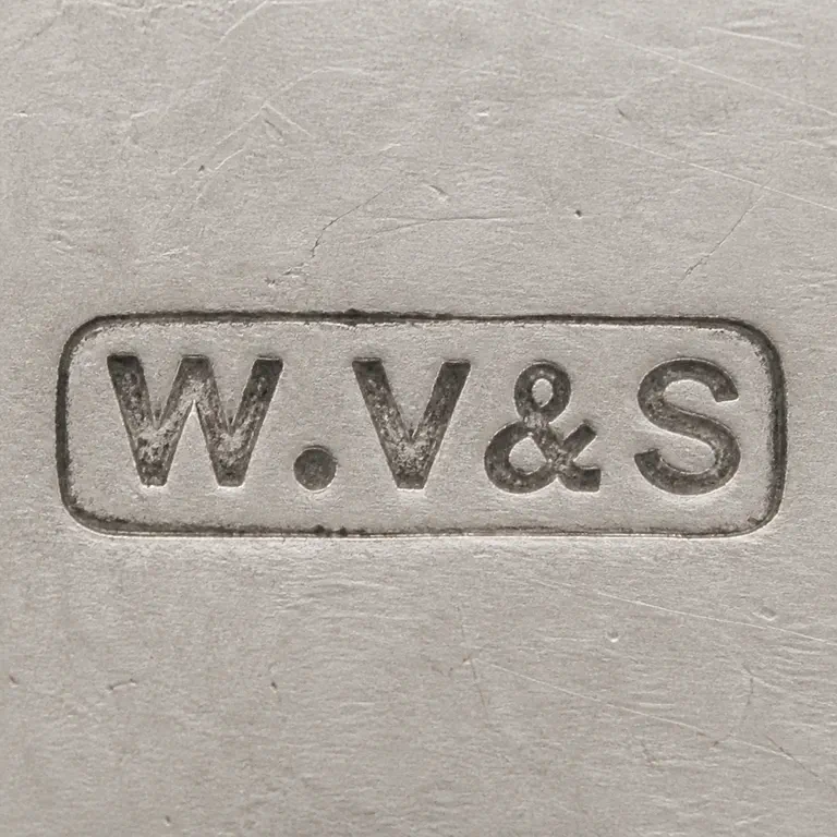 William Vale & Son Sterling & Crystal Knife Rests 1929, Chester: Uppercase W, one pellet, uppercase V, an ampersand, and uppercase S inside one rounded horizontal rectangular cartouche; oxidized reconstruction.