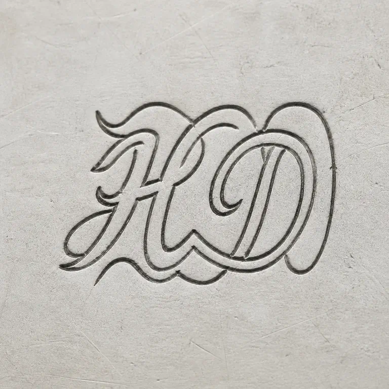 Henry Dutton: Preserves the compact intertwined flowing monogram-like silhouette, overlapping curls, elongated loop, and observed orientation; oxidized reconstruction.