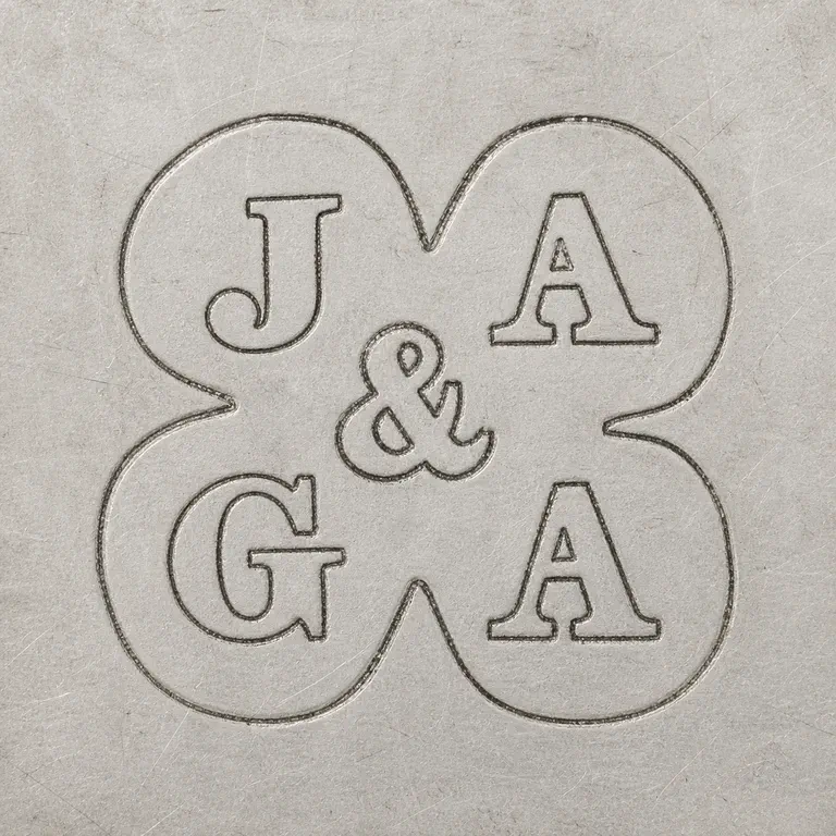 John Angell: Source-linked two-by-two J/A and G/A arrangement with central ampersand-like connector and linked rounded boundary retained; oxidized reconstruction.