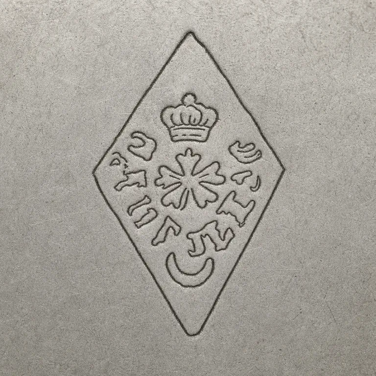 Maison Cardeilhac: Tall diamond punch with upper crown-like device, central multi-rayed floral symbol, curved worn lower stroke band, and bottom crescent; oxidized reconstruction.