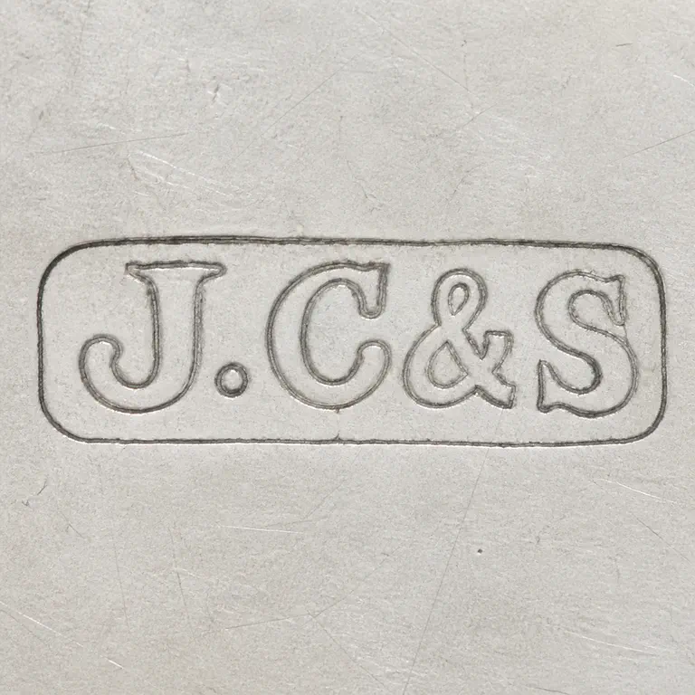J. Cook & Sons Ltd. Art Deco Sterling & Rock Crystal Brooch Birmingham,…: Uppercase J, one small pellet, uppercase C, one ampersand, and uppercase S inside one long rounded rectangular cartouche; oxidized reconstruction.