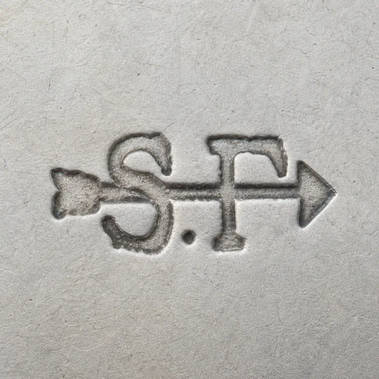 Swift & Fisher: Uppercase S.F crossed by a horizontal shaft with one left arrowhead-like terminal and one right arrowhead-like terminal; oxidized reconstruction.