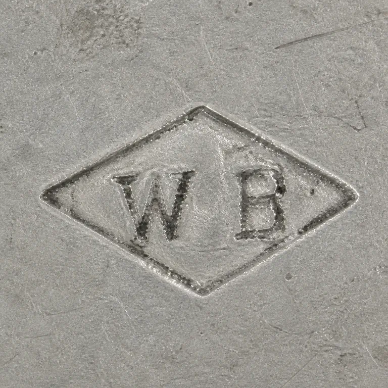 William Bullock: Corrective render preserves separate W-like and B-like dark forms within one worn diamond and removes the unsupported separator dash; oxidized reconstruction.
