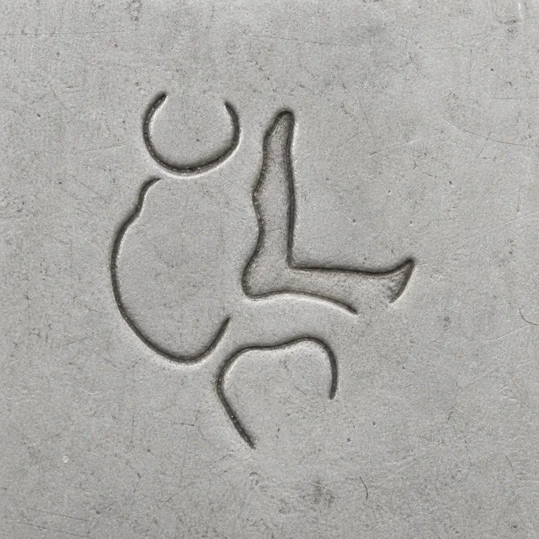 Ralph Leake (or Leeke): Only the visible L-like relief and adjacent curve fragments are retained; oxidized reconstruction.