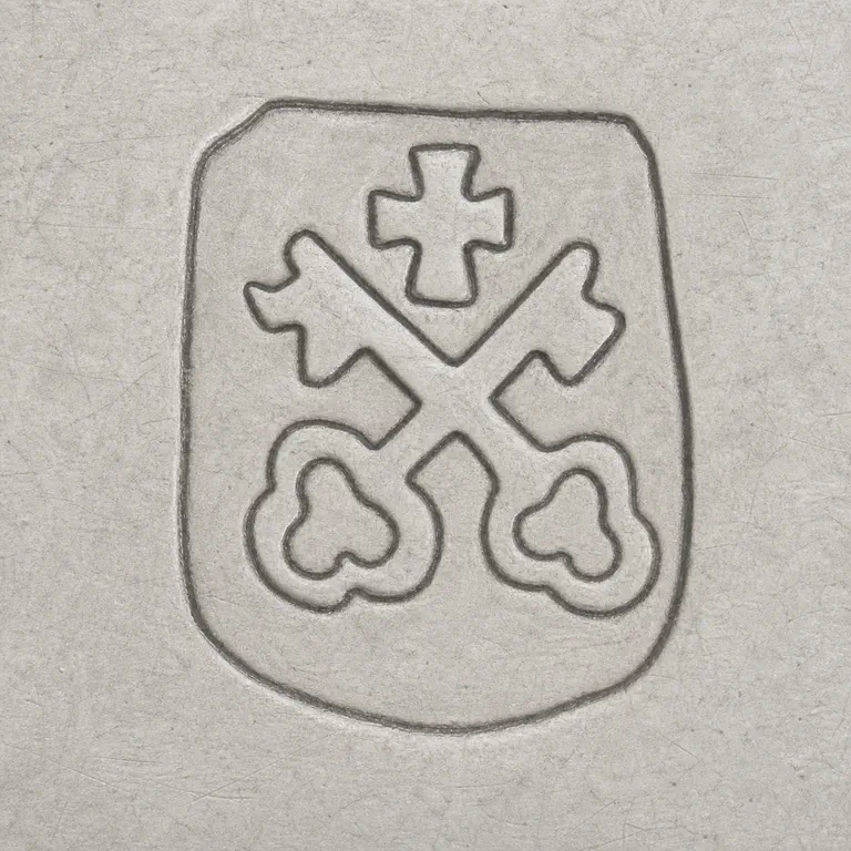 Riga: One rounded shield with a small cross above two crossed key-like stems ending in curled circular terminals; oxidized reconstruction.