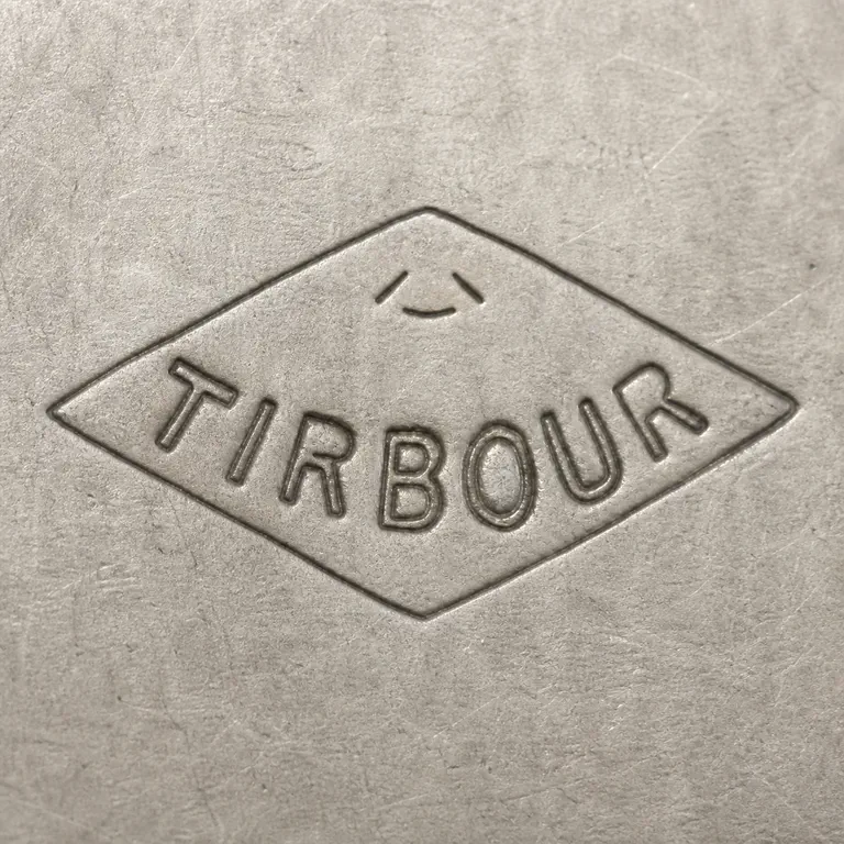 Tallois & Mayence: Horizontal diamond with TIRBOUR along a shallow arc and one tiny upper cap fragment reduced to three disconnected strokes; oxidized reconstruction.