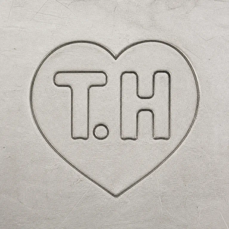 Thomas Hayes: Heart-shaped border with T-like and H-like interior forms and a separator dot, upright and centered; oxidized reconstruction.