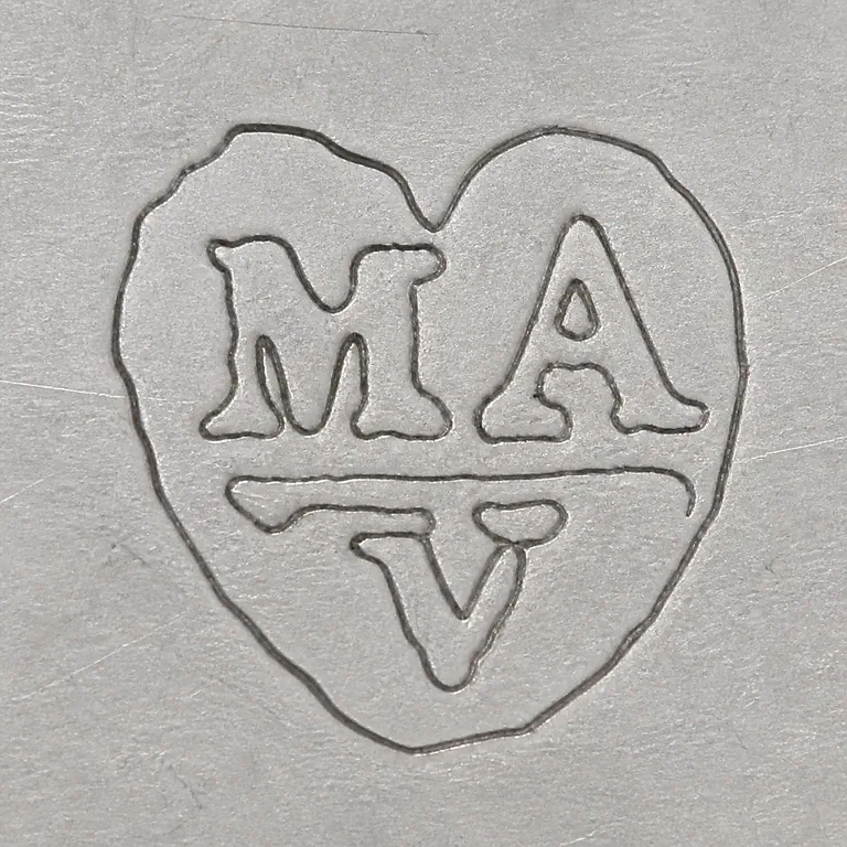 Mervyn Archdall Vicars: Heart-like boundary and M/A plus lower central form retained; oxidized reconstruction.