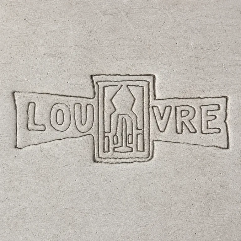 Louvre: One horizontal LOUVRE wordmark is split by a central rectangular emblem containing a narrow tower- or diamond-like vertical device; oxidized reconstruction.