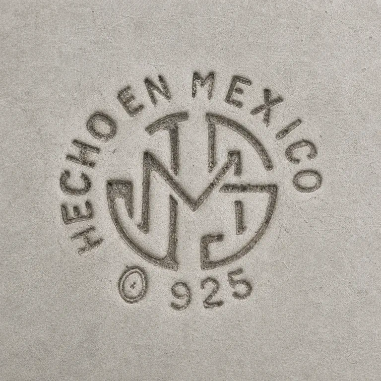 Jose Marmolejos: One circular-layout mark reads HECHO EN MEXICO around the upper and side arc, contains a large interwoven angular monogram inside a parti…; oxidized reconstruction.