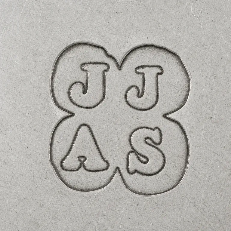 John Johnson & Alfred Springthorpe: Four J/J/A/S-like forms in a 2 by 2 arrangement source's close rounded-punch grouping and irregular outer contour; oxidized reconstruction.