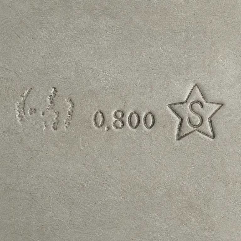 looking for info: Worn left fragments, exact 0.800, and outlined five-point star with S; oxidized reconstruction.