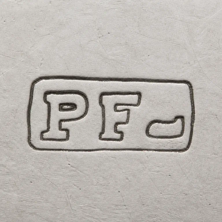 Percy Frederick Jackson P F Jackson Ltd (after c1944): The P and F, the small right-hand worn terminal form, narrow rounded rectangular boundary in order without completing the terminal into a…; oxidized reconstruction.