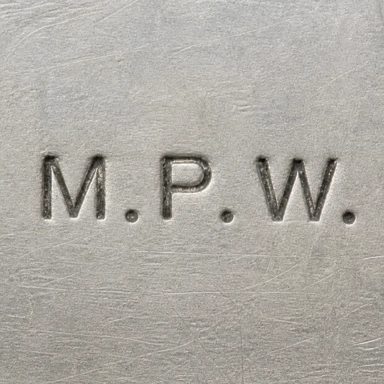 Mary Peyton Winlock: Exact uppercase M.P.W. with all three periods in left-to-right order; oxidized reconstruction.