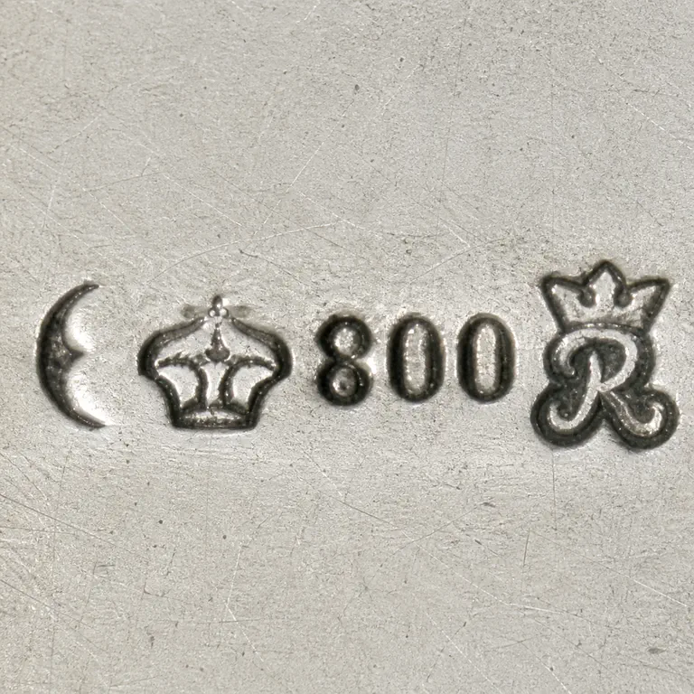 looking for info: Crescent, crown, exact 800, and ornate crowned R-like monogram in source order; oxidized reconstruction.