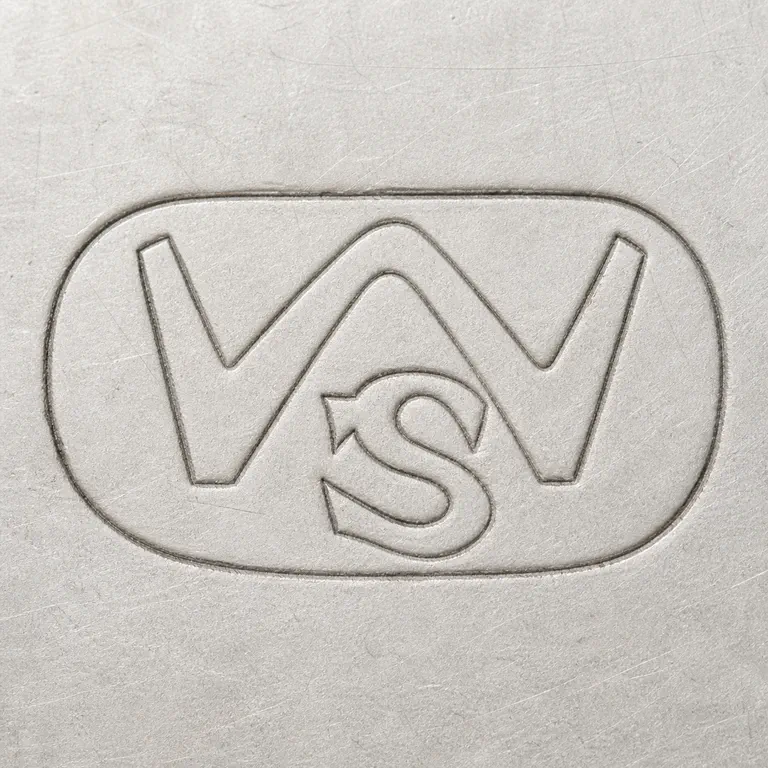 W S: Enclosing rounded arrangement with W-like upper form and small lower S-like device rendered as unfilled contours; oxidized reconstruction.