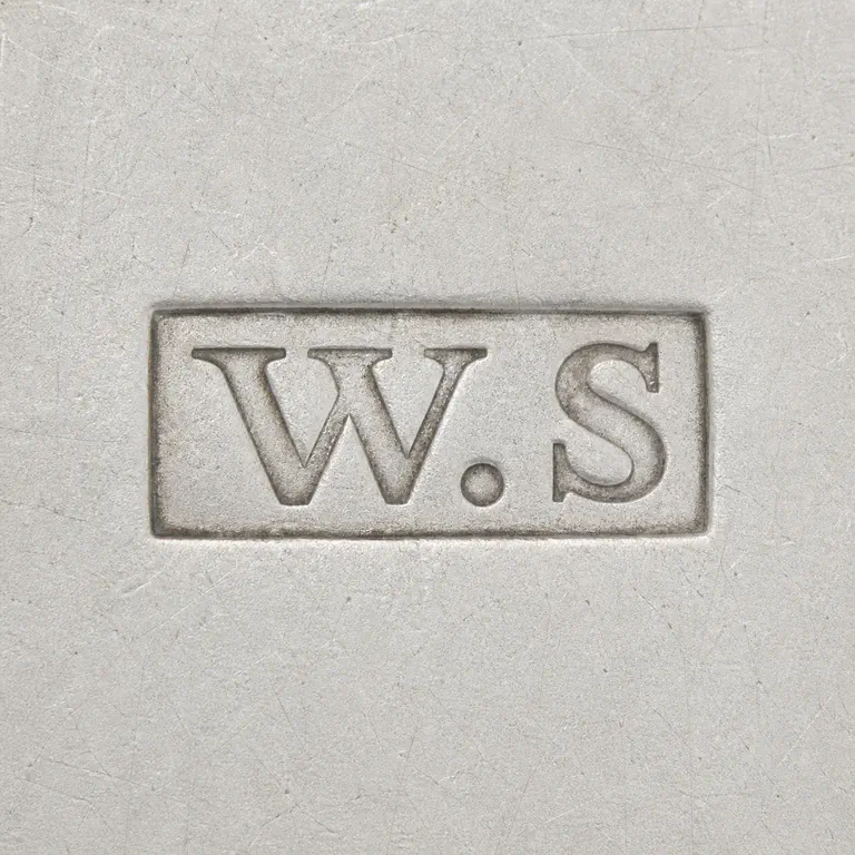 William Seal: Exact uppercase W.S with one centered period inside one horizontal rectangular cartouche; oxidized reconstruction.