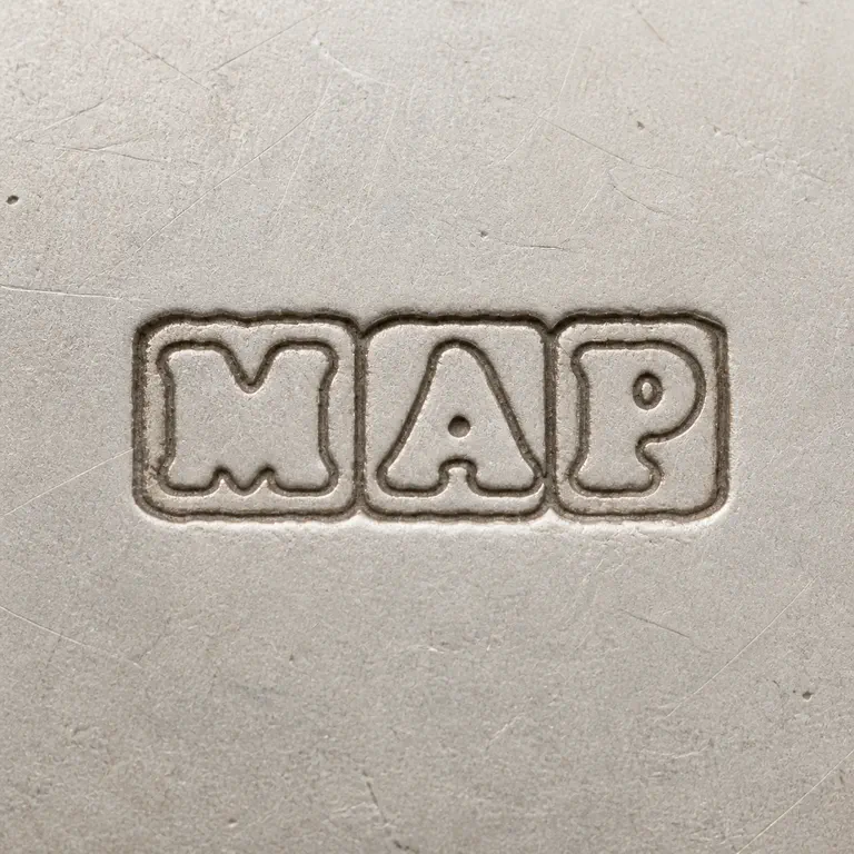 Marie Albert Perrier: Preserves three adjacent square punches in M/A/P order with supported worn rectangular edges and no extra lettering; oxidized reconstruction.