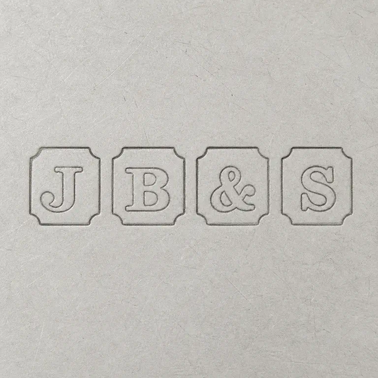 J B & S: Clean redraw preserves four separate J, B, ampersand, and S square punches in source order; oxidized reconstruction.