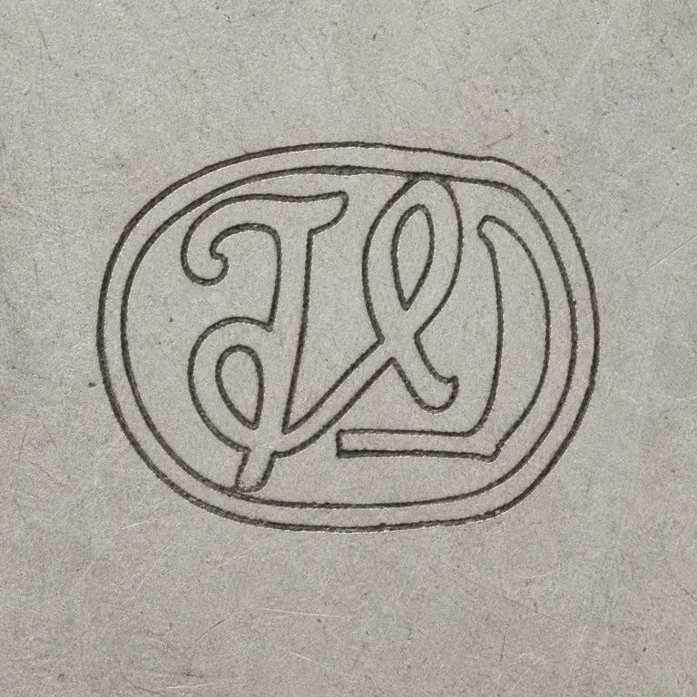 Tompson Davis: Dense intertwined T/D-like strokes surrounding oval contour are retained original compact horizontal orientation; oxidized reconstruction.